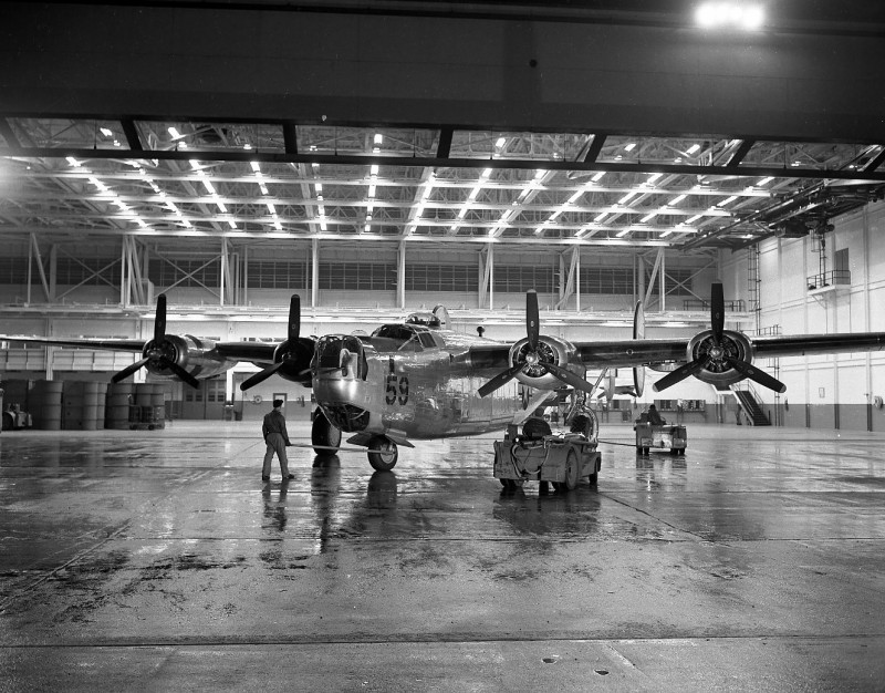 A brand new B-24 at the Willow Run bomber plant in Ypsilanti Michigan. In the month of April 1944, this plant was producing a complete B-24 every 60 minutes.